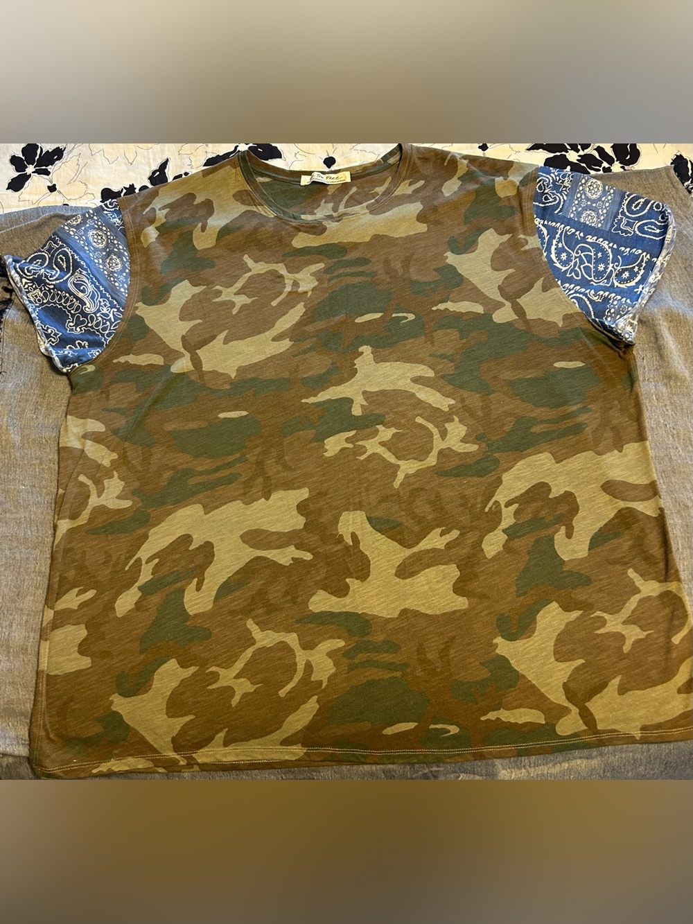 We the Free Camo Tee with Blue Bandana Sleeve Accents Xl